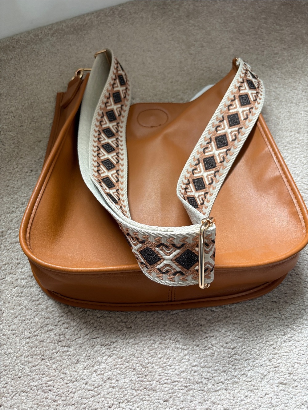 Ahdorned vegan leather Caramel Tan cross body Bag with Woven Pattern Strap